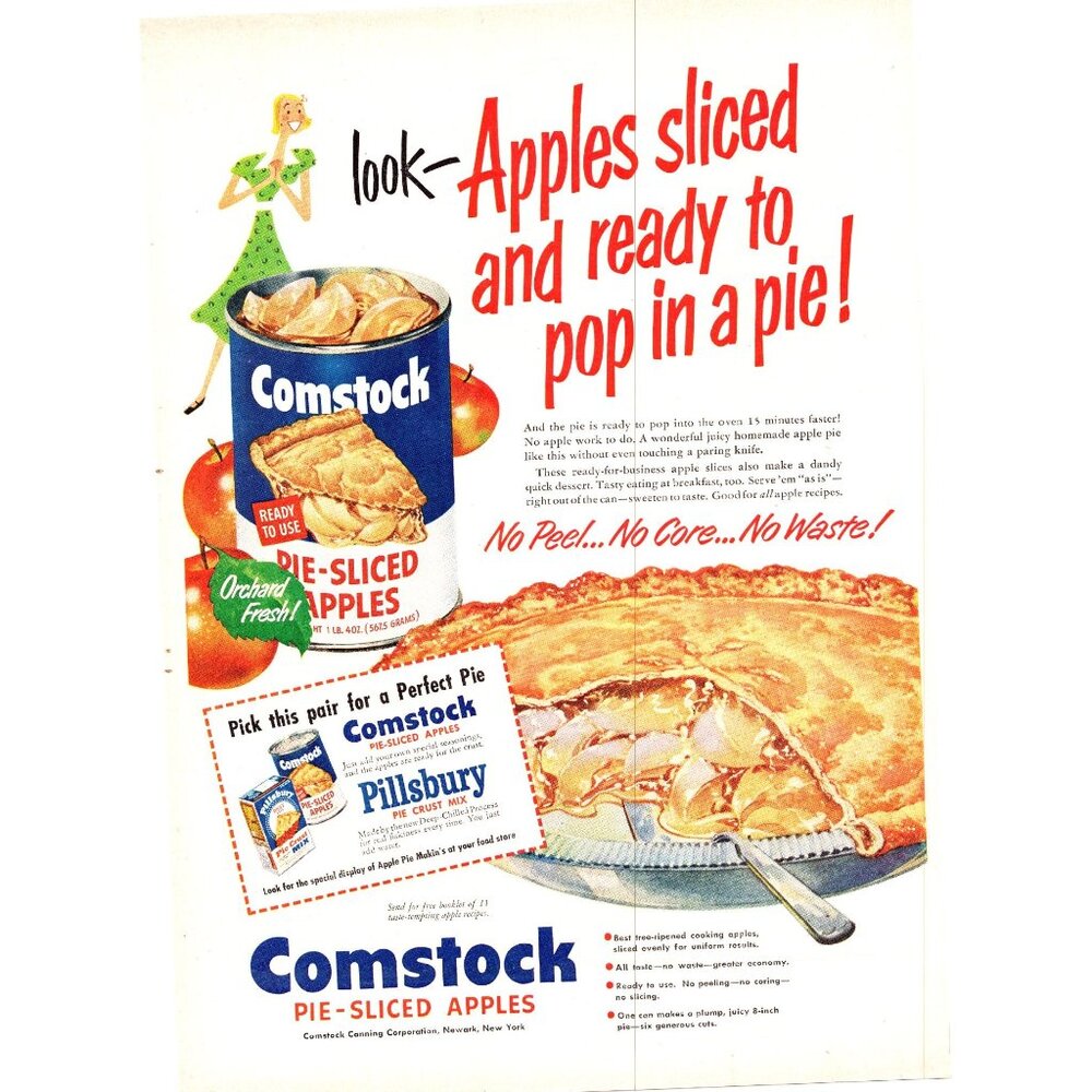1951 Comstock Canned Sliced Apples Vintage Print Ad Apple Pie Dessert Wall Art